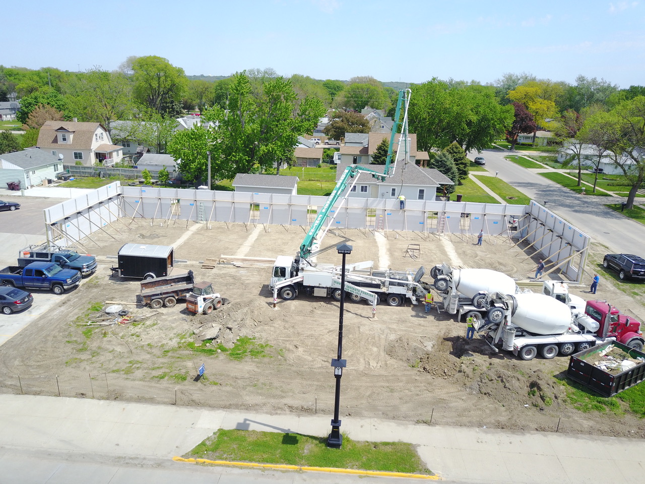 An aerial view of the concrete being poured on a LiteForm structure.